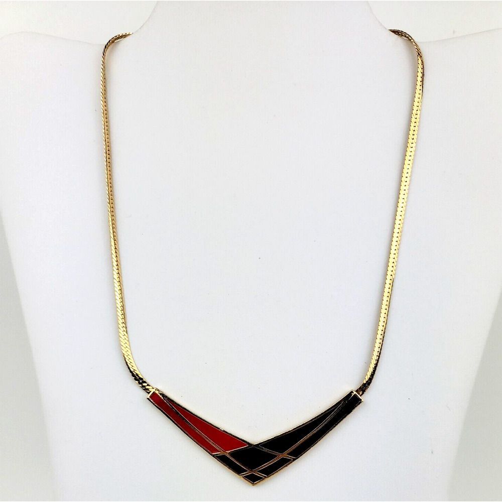 Vintage AVON Red Black Enamel Chevron Pendant Gold Herringbone Necklace